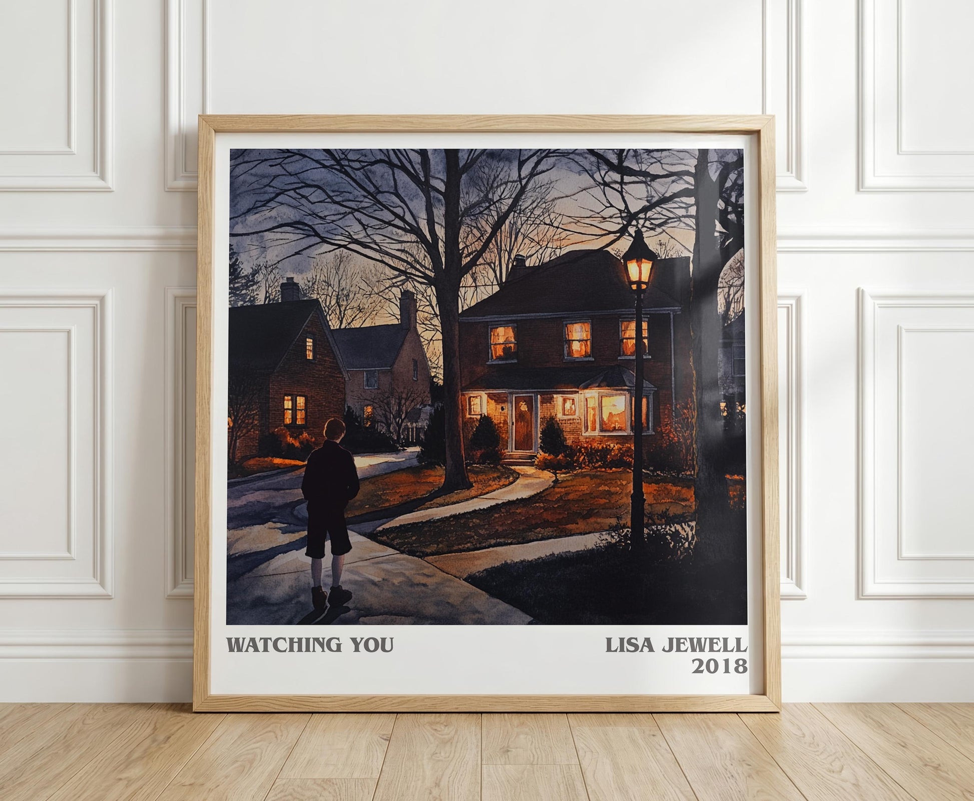 Watching You literary print in frame leaning in hallway – thriller wall art