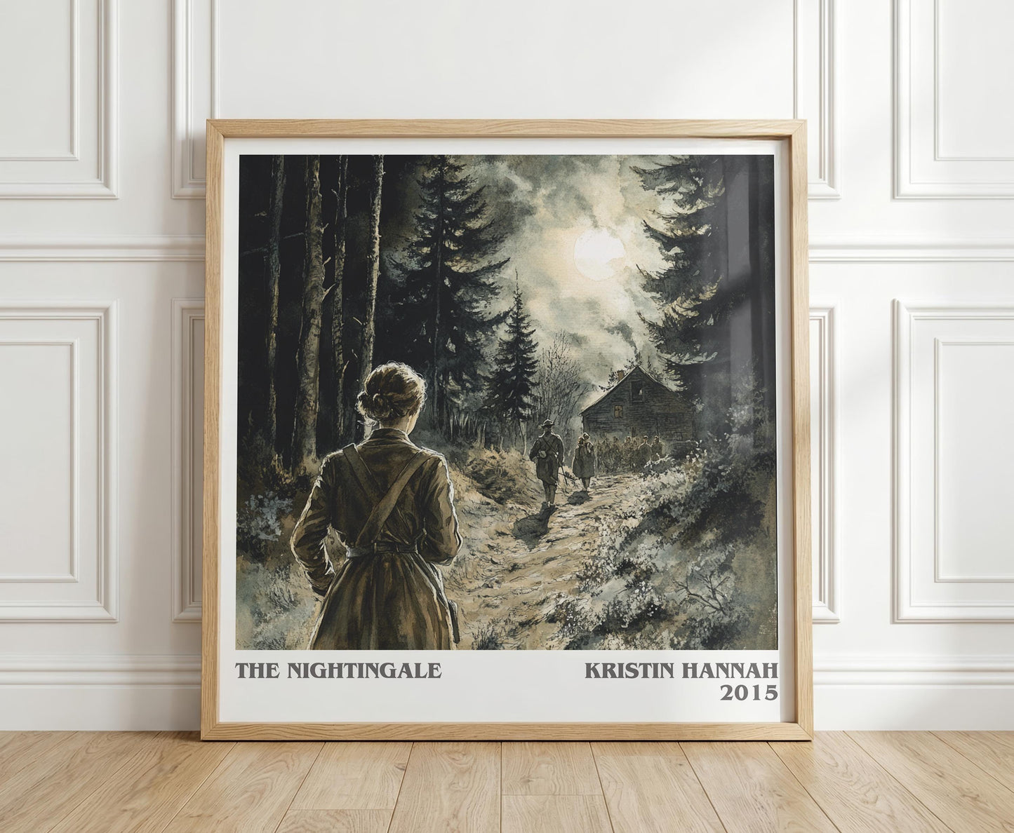 The Nightingale literary print in frame leaning in hallway – historical fiction wall art