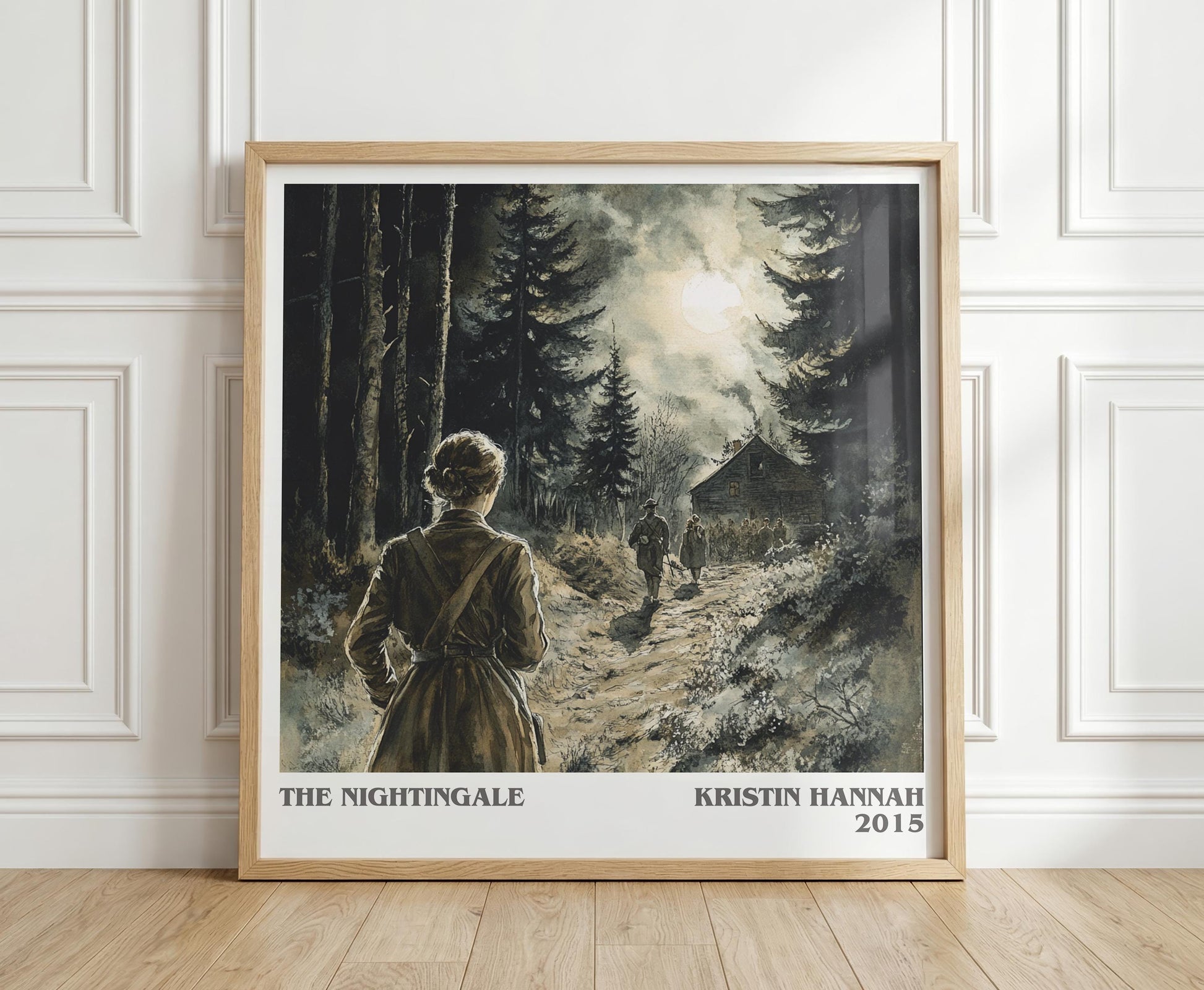 The Nightingale literary print in frame leaning in hallway – historical fiction wall art