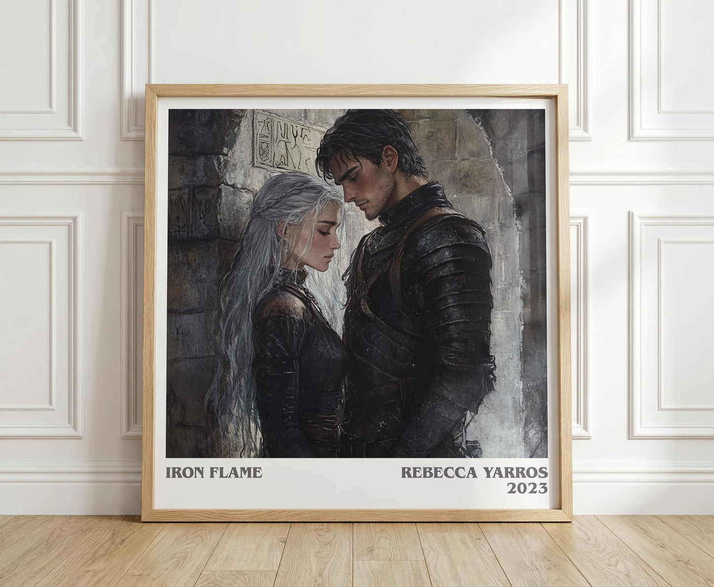 Iron Flame literary print in frame leaning in hallway – fantasy wall art