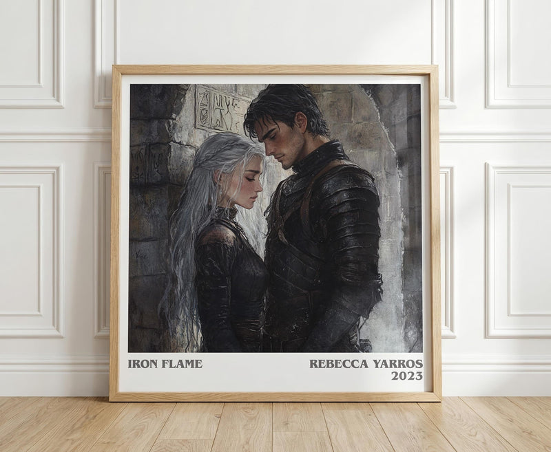 Iron Flame literary print in frame leaning in hallway – fantasy wall art
