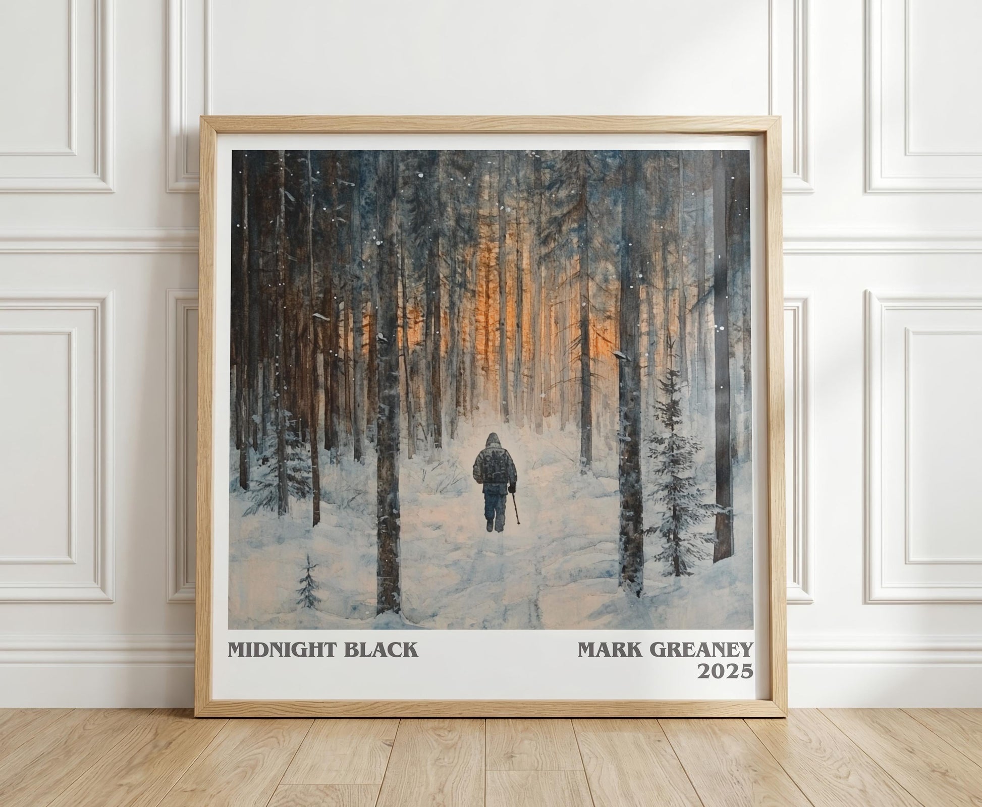 Midnight Black literary print in frame leaning in hallway – thriller wall art
