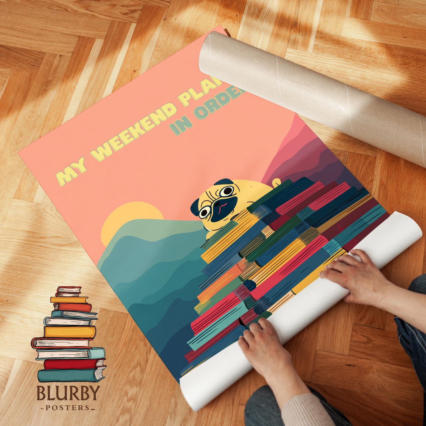 My Weekend Plans Pug Art | Funny Dog Book Stack | Cozy Wall Decor | Book Lover Gift | Nook Poster | Reader Gift | Aesthetic Room Art - Book Poster Art Print Decor Bookish