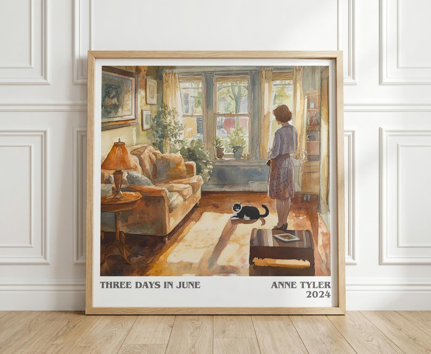 Three Days In June literary print in frame leaning in hallway – contemporary fiction wall art