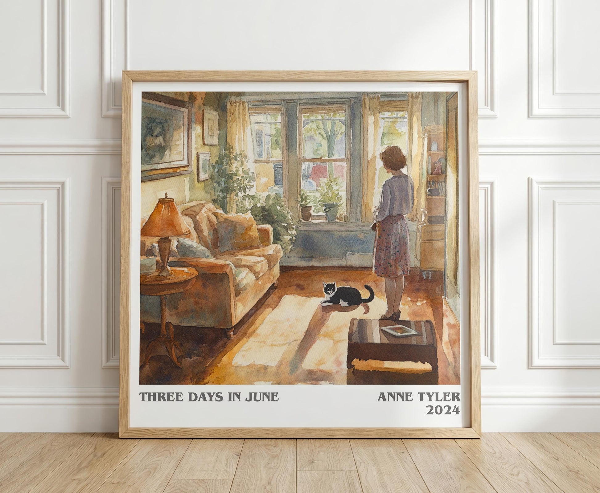 Three Days In June literary print in frame leaning in hallway – contemporary fiction wall art