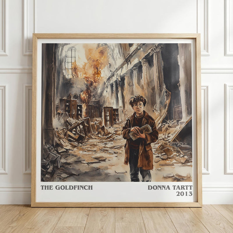 The Goldfinch literary print in frame leaning in hallway – coming of age wall art