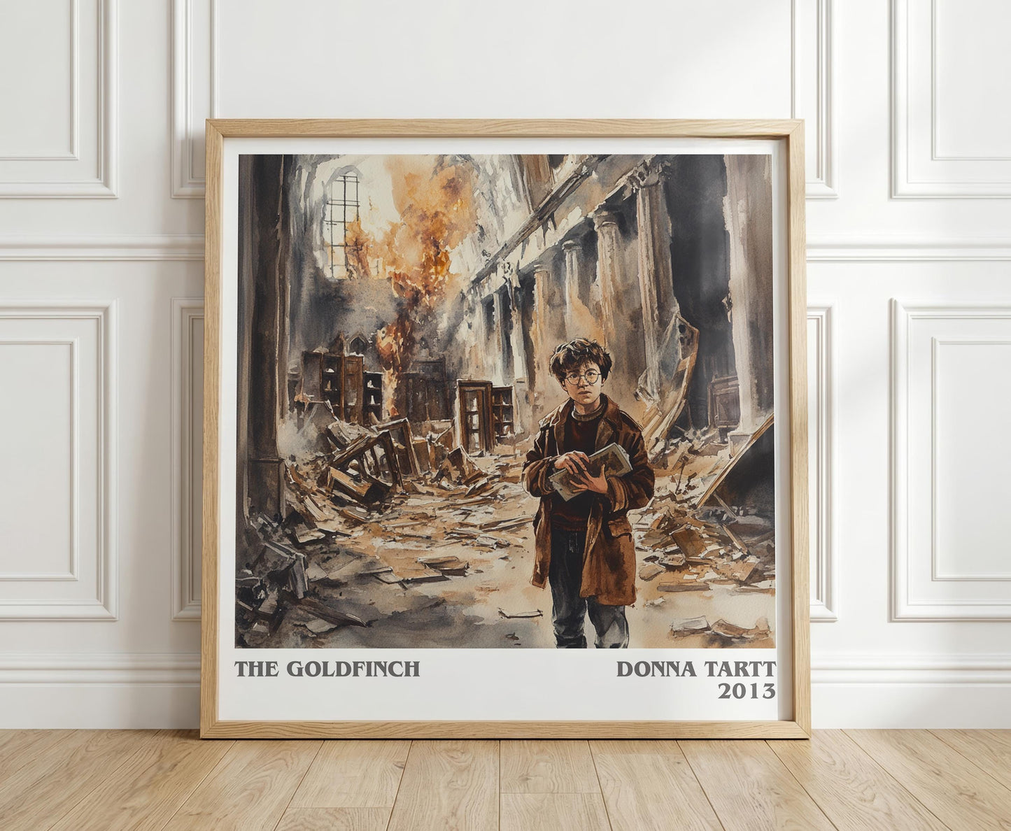 The Goldfinch literary print in frame leaning in hallway – coming of age wall art