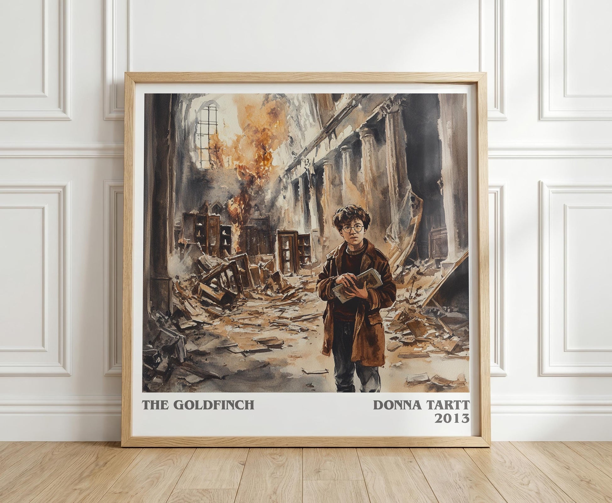 The Goldfinch literary print in frame leaning in hallway – coming of age wall art