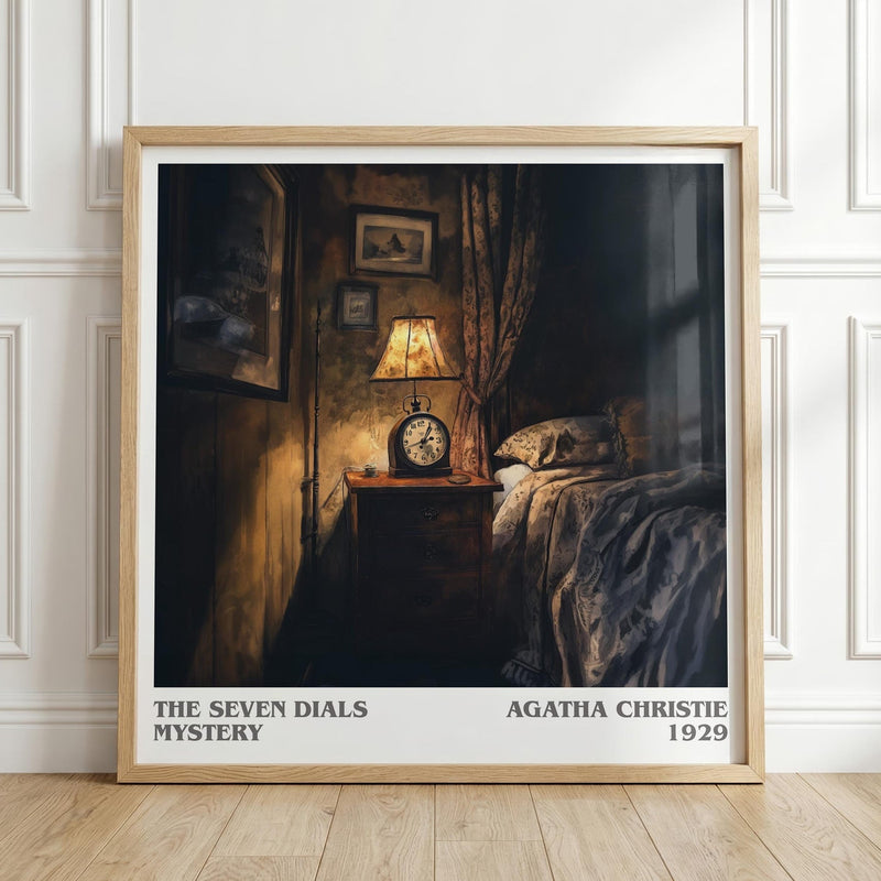 The Seven Dials Mystery literary print in frame leaning in hallway – mystery wall art