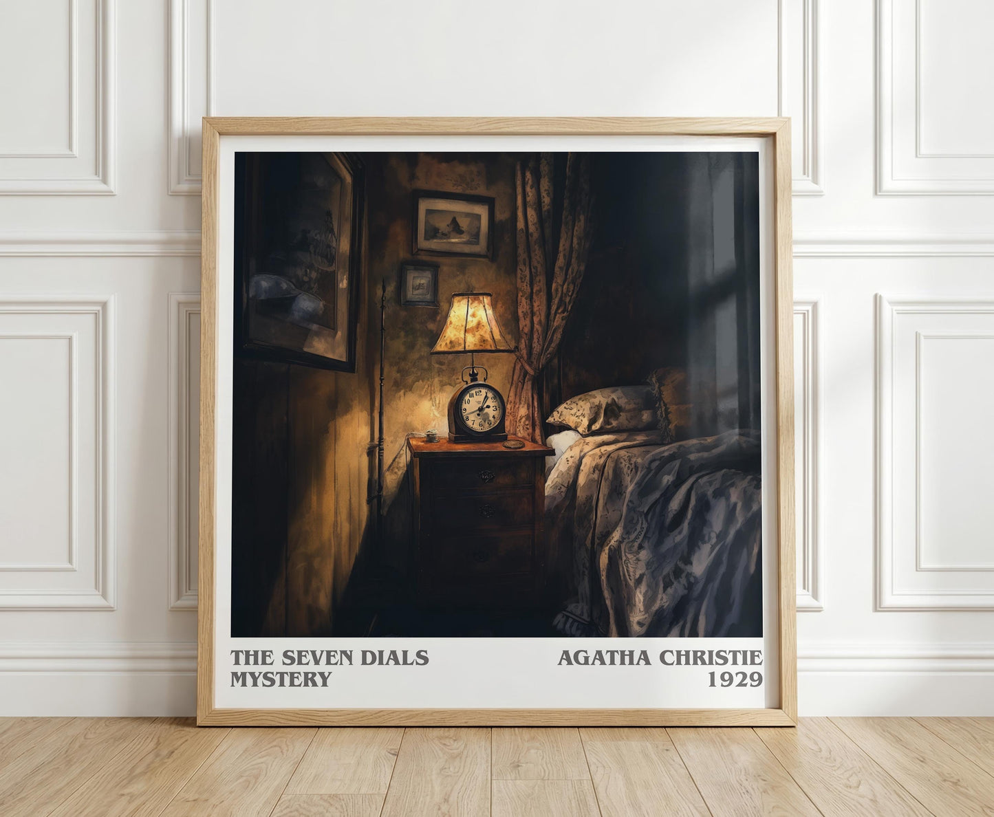 The Seven Dials Mystery literary print in frame leaning in hallway – mystery wall art