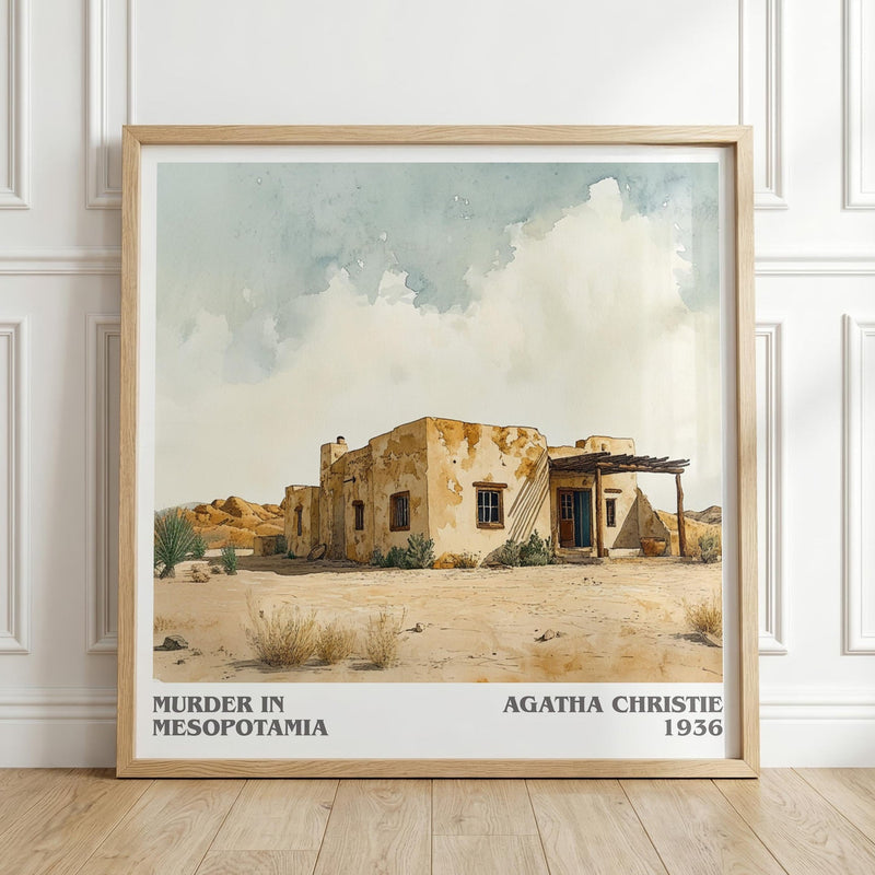 Murder in Mesopotamia literary print in frame leaning in hallway – mystery wall art