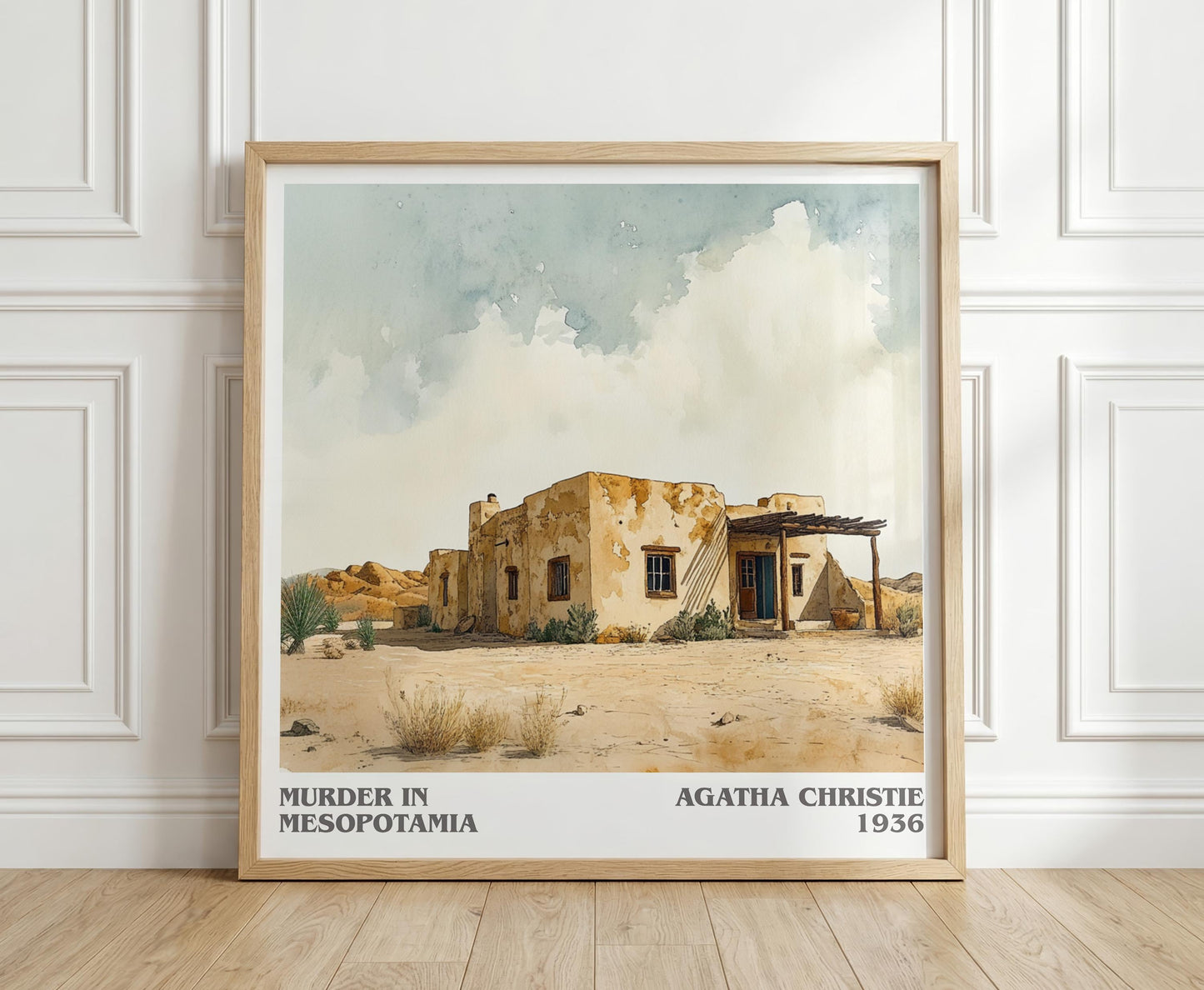 Murder in Mesopotamia literary print in frame leaning in hallway – mystery wall art