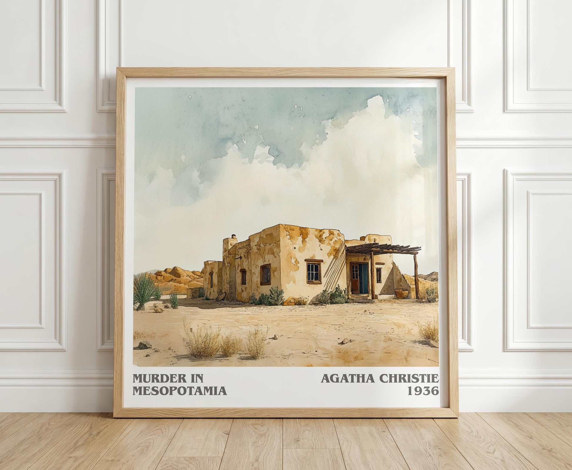 Murder in Mesopotamia literary print in frame leaning in hallway – mystery wall art