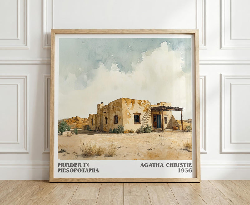 Murder in Mesopotamia literary print in frame leaning in hallway – mystery wall art