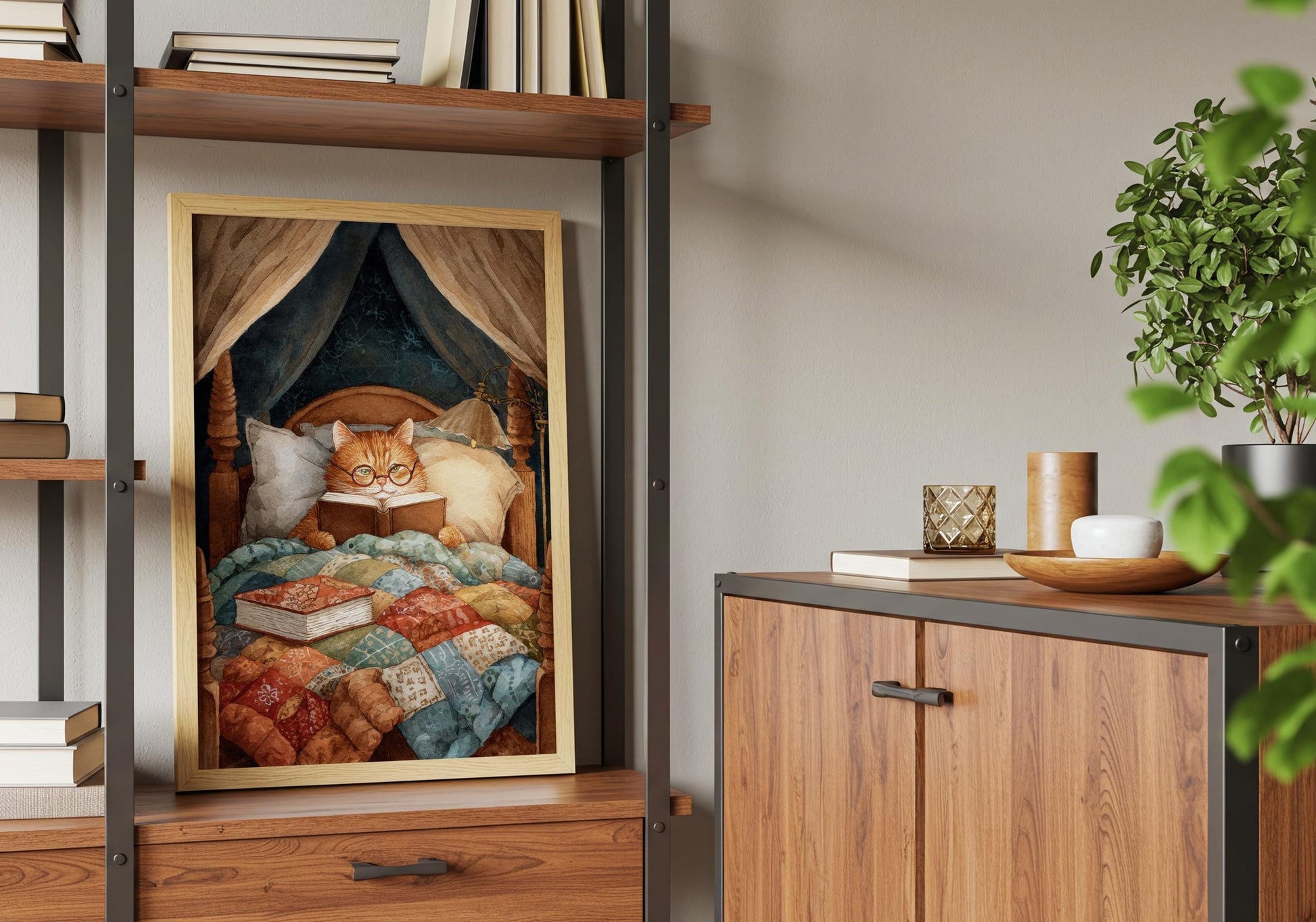 Cat Reading in Bed Print | Cozy Wall Decor | Cute Gift For Book Lover | Book Nook Poster | Book Art | Aesthetic Room Art | Home Decor Poster - Book Poster Art Print Decor Bookish
