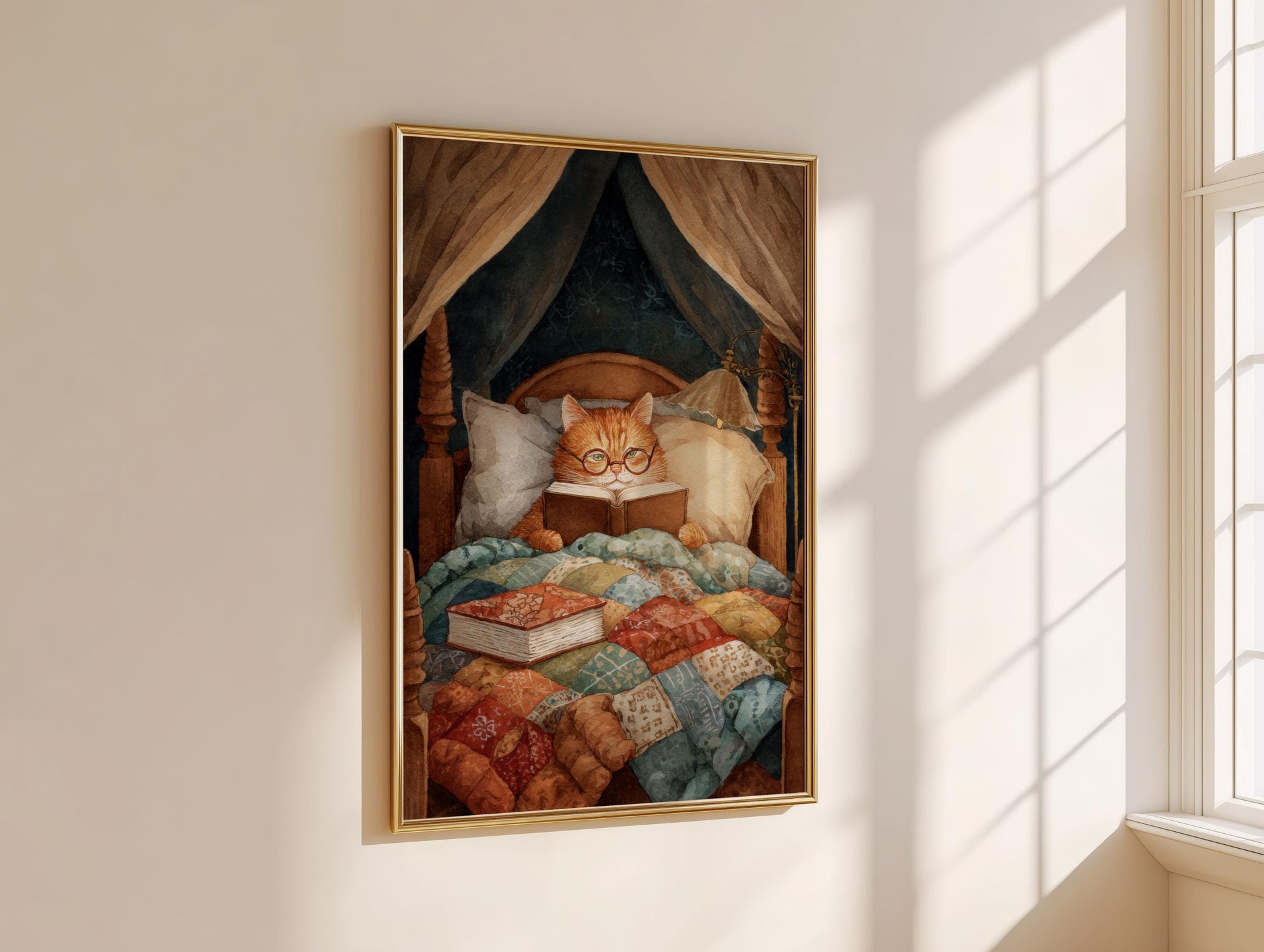 Cat Reading in Bed Print | Cozy Wall Decor | Cute Gift For Book Lover | Book Nook Poster | Book Art | Aesthetic Room Art | Home Decor Poster - Book Poster Art Print Decor Bookish