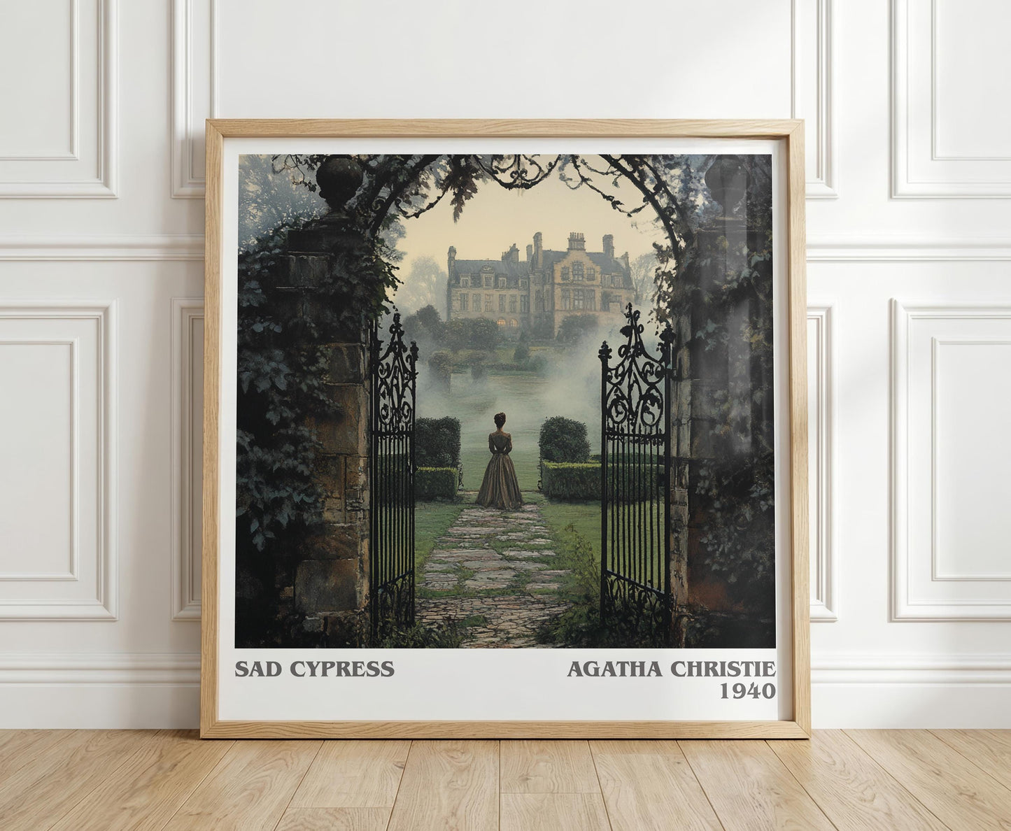 Sad Cypress literary print in frame leaning in hallway – mystery wall art