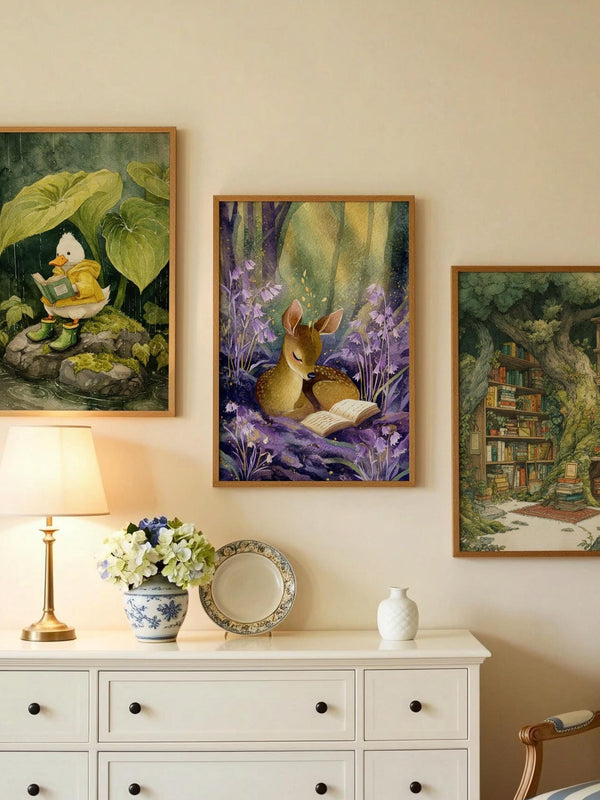 Deer Reading Print | Cozy Wall Decor | Cute Gift For Book Lover | Book Nook Poster | Book Art | Aesthetic Room Art | Home Decor Poster - Book Poster Art Print Decor Bookish