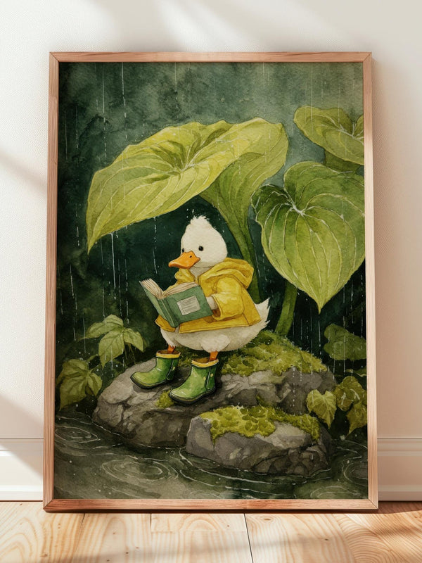Duck in Raincoat Reading Print | Cozy Wall Decor | Cute Gift For Book Lover | Book Nook Poster | Book Art | Aesthetic Room Art | Home Decor - Book Poster Art Print Decor Bookish