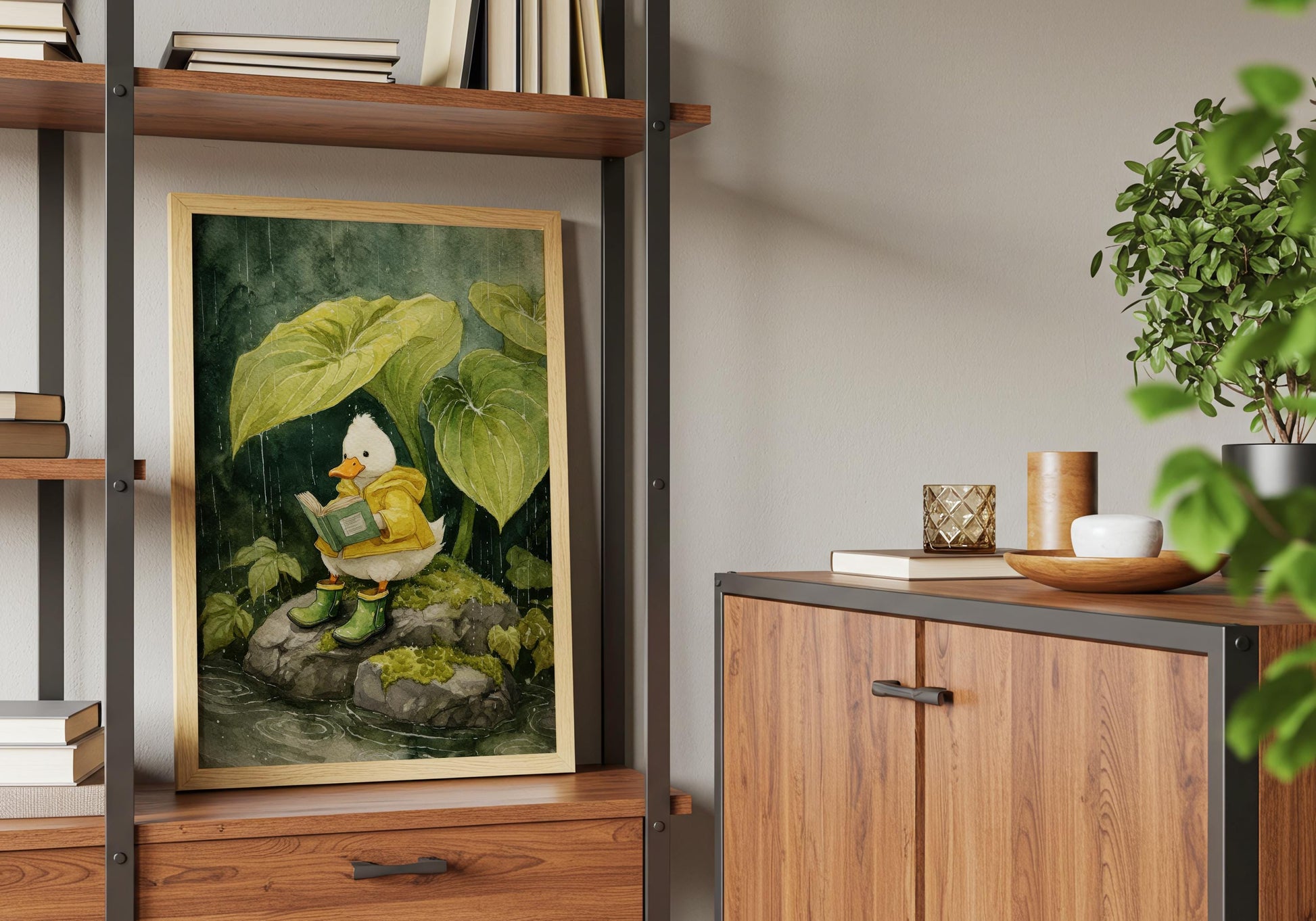 Duck in Raincoat Reading Print | Cozy Wall Decor | Cute Gift For Book Lover | Book Nook Poster | Book Art | Aesthetic Room Art | Home Decor - Book Poster Art Print Decor Bookish