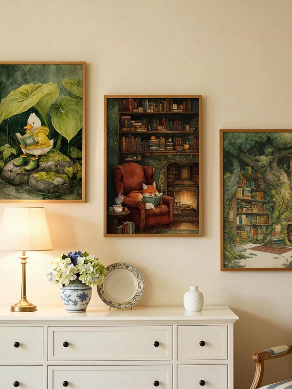 Fox Reading by Fireplace Print | Cozy Wall Decor | Cute Gift For Book Lover | Book Nook Poster | Book Art | Aesthetic Room Art | Home Decor - Book Poster Art Print Decor Bookish