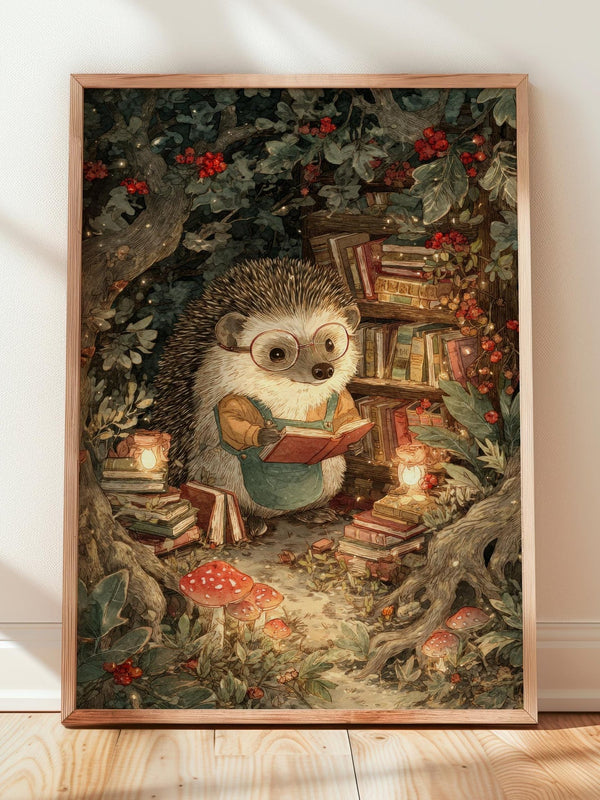 Hedgehog Secret Library Print | Cozy Wall Decor | Cute Gift For Book Lover | Book Nook Poster | Book Art | Aesthetic Room Art | Home Decor - Book Poster Art Print Decor Bookish