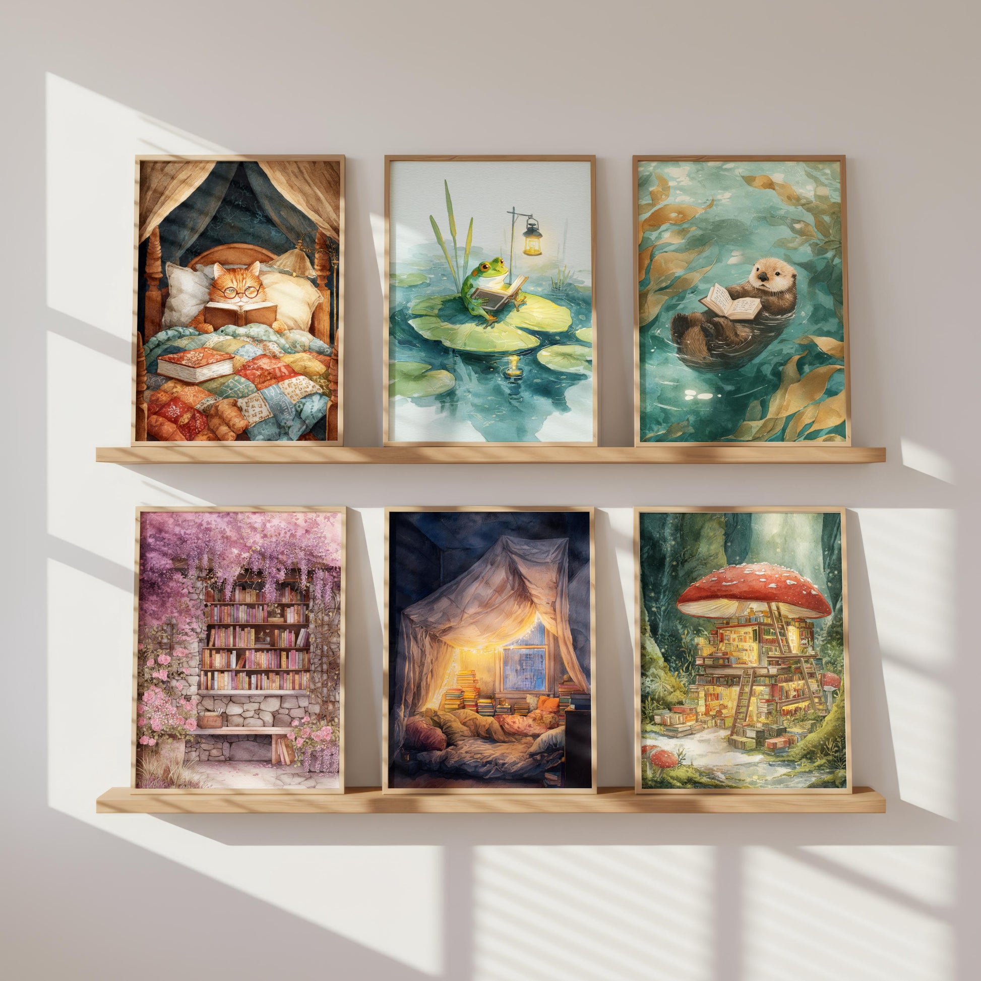 Frog Reading on Lily Pad Print | Cozy Wall Decor | Cute Gift For Book Lover | Book Nook Poster | Book Art | Aesthetic Room Art | Home Decor - Book Poster Art Print Decor Bookish