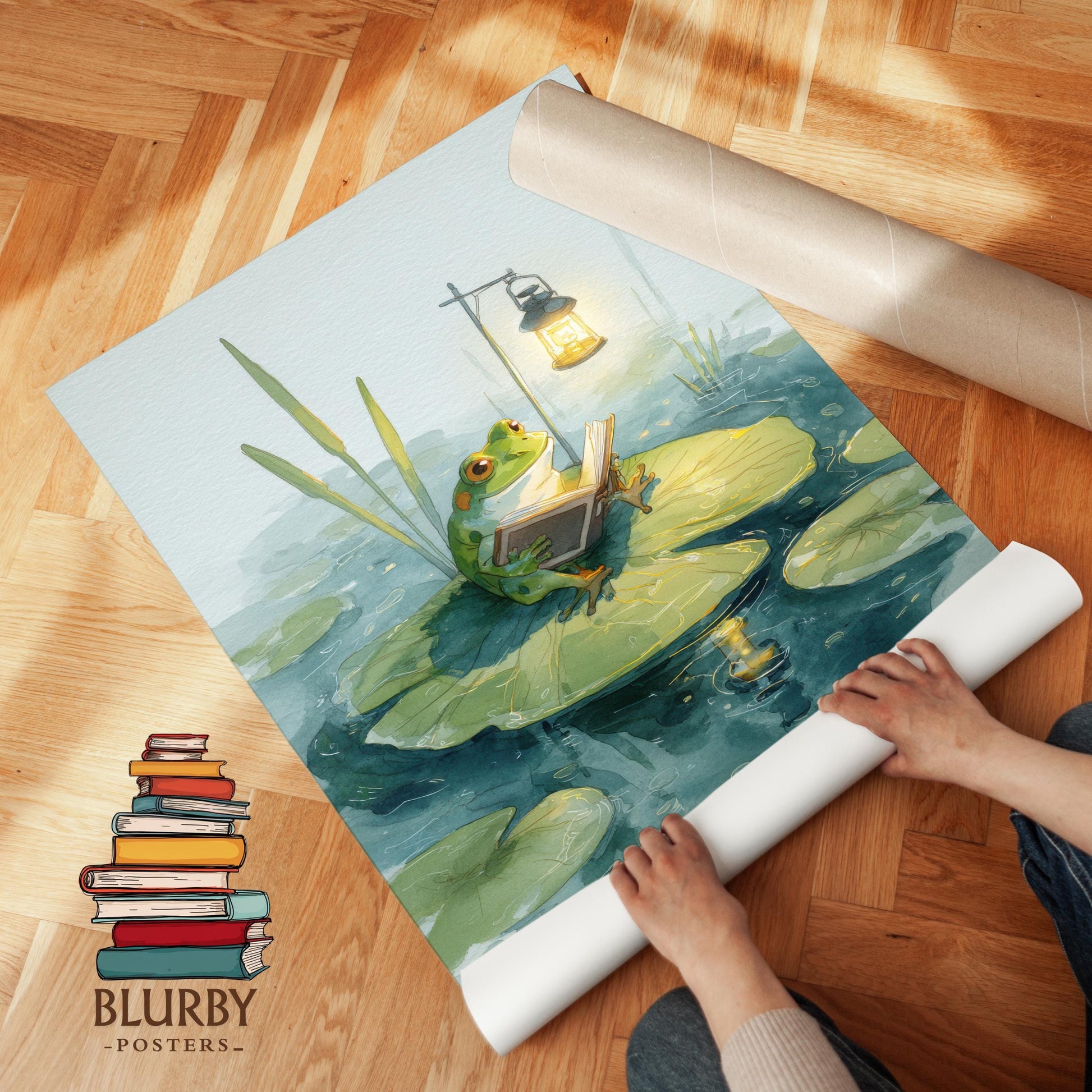 Frog Reading on Lily Pad Print | Cozy Wall Decor | Cute Gift For Book Lover | Book Nook Poster | Book Art | Aesthetic Room Art | Home Decor - Book Poster Art Print Decor Bookish