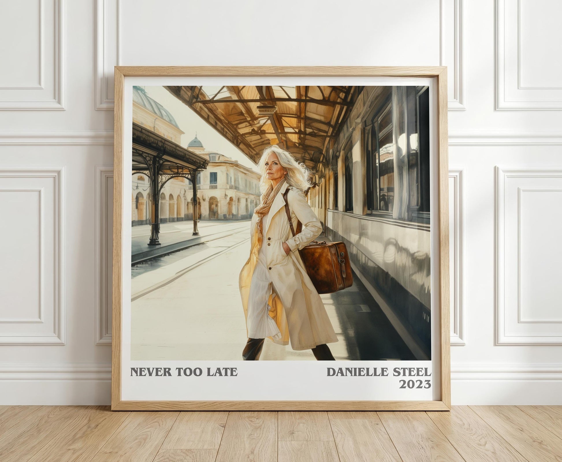 Never Too Late literary print in frame leaning in hallway – romance wall art