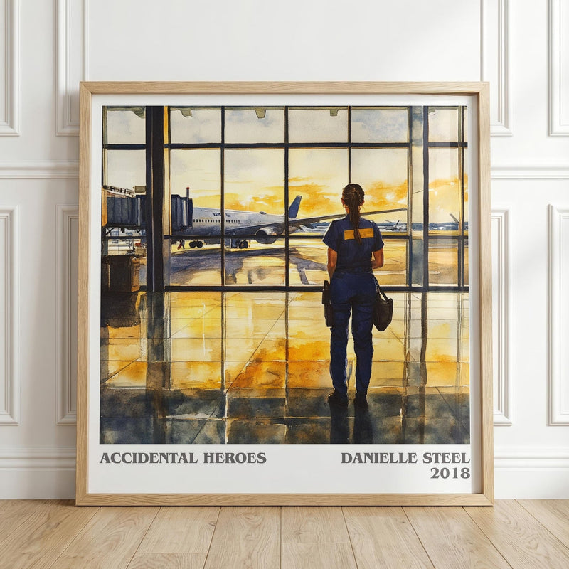 Accidental Heroes literary print in frame leaning in hallway – contemporary fiction wall art