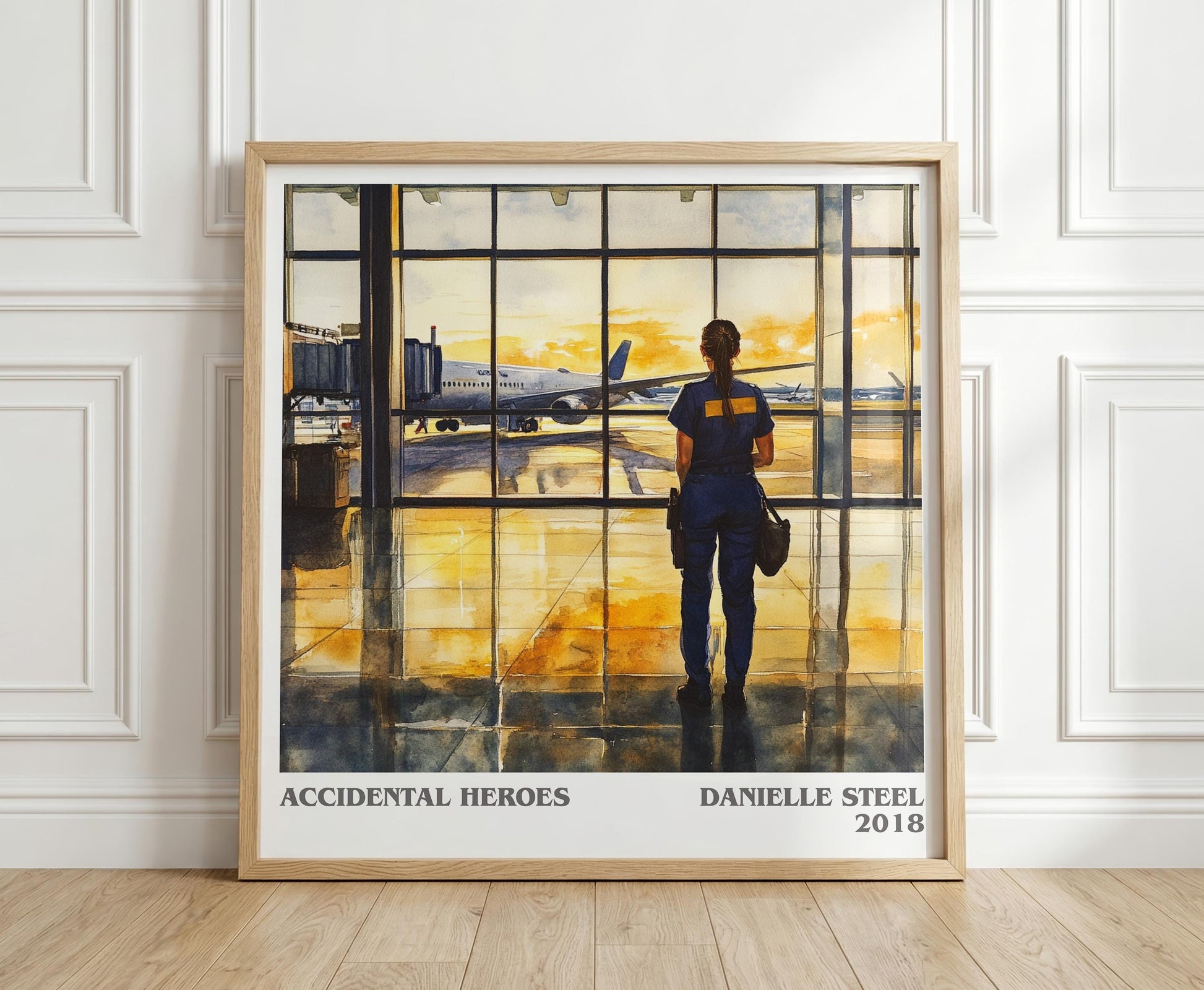 Accidental Heroes literary print in frame leaning in hallway – contemporary fiction wall art