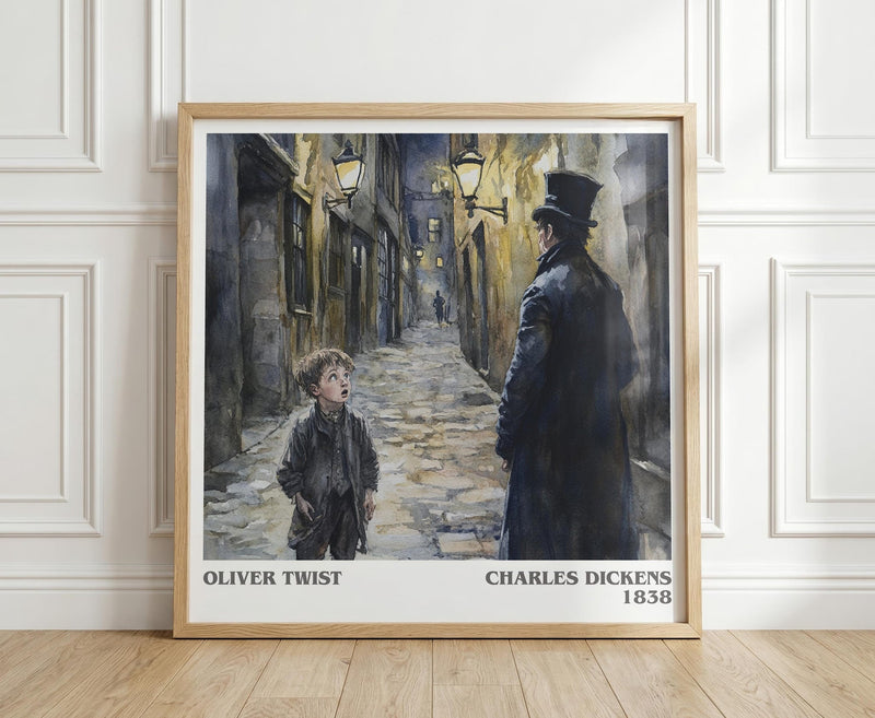 Oliver Twist literary print in frame leaning in hallway – classic literature wall art