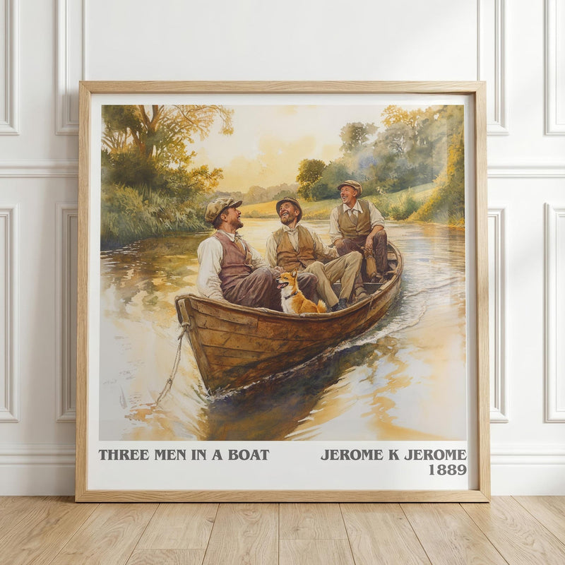 Three Men in a Boat literary print in frame leaning in hallway – classic literature wall art