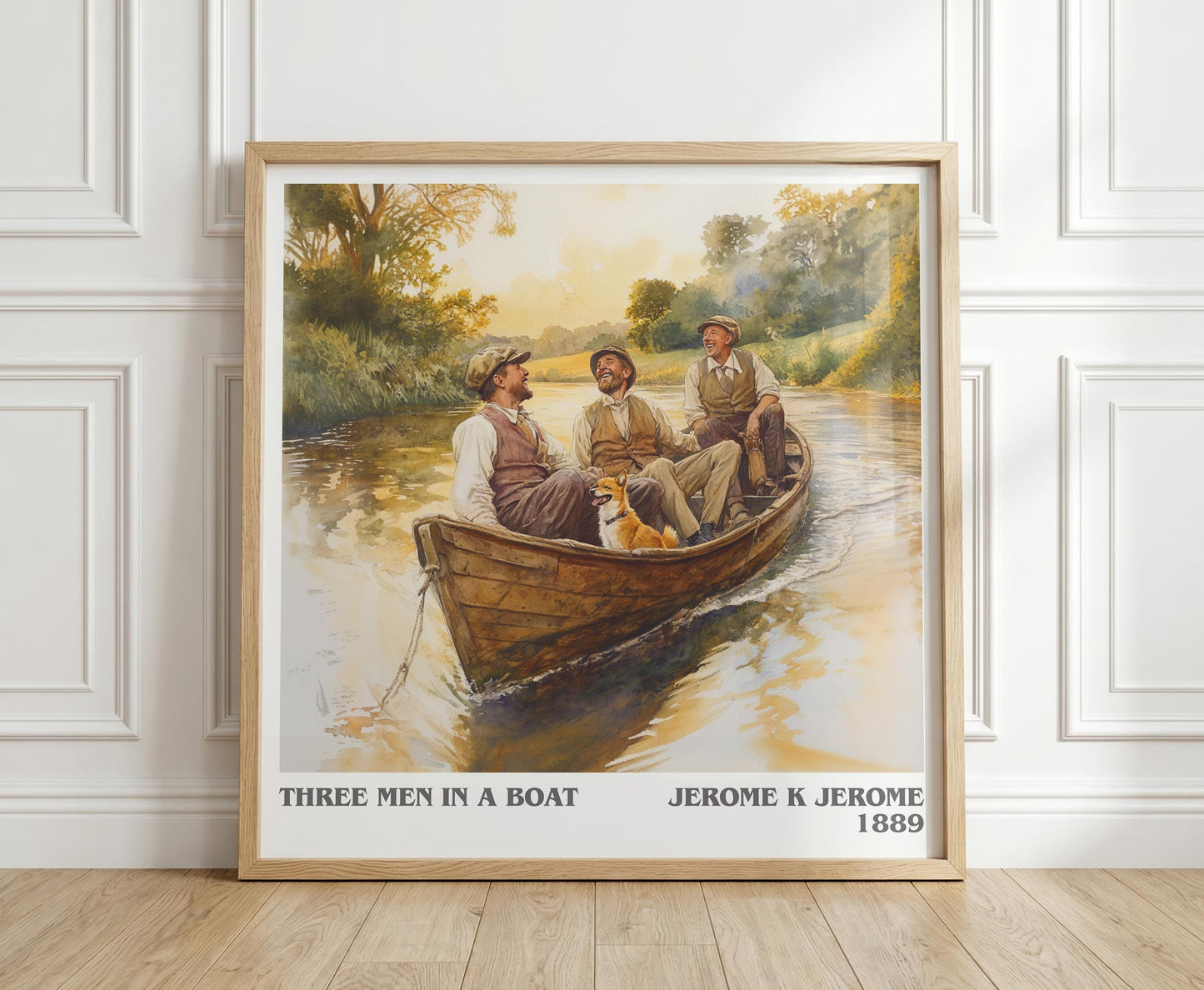 Three Men in a Boat literary print in frame leaning in hallway – classic literature wall art