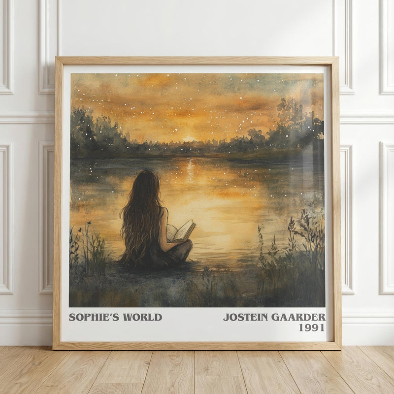 Sophie's World literary print in frame leaning in hallway – literary fiction wall art