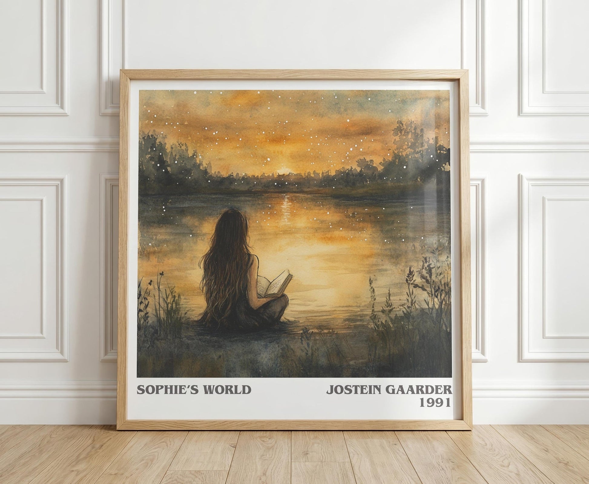 Sophie's World literary print in frame leaning in hallway – literary fiction wall art