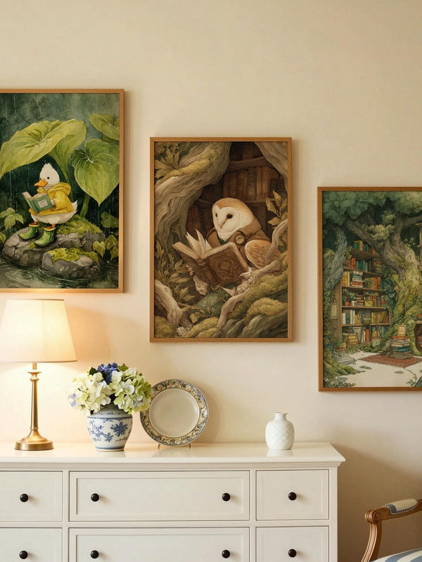 Barn Owl in Tree Print | Cozy Wall Decor | Cute Gift For Book Lover | Book Nook Poster | Book Art | Aesthetic Room Art | Reader Home Decor - Book Poster Art Print Decor Bookish