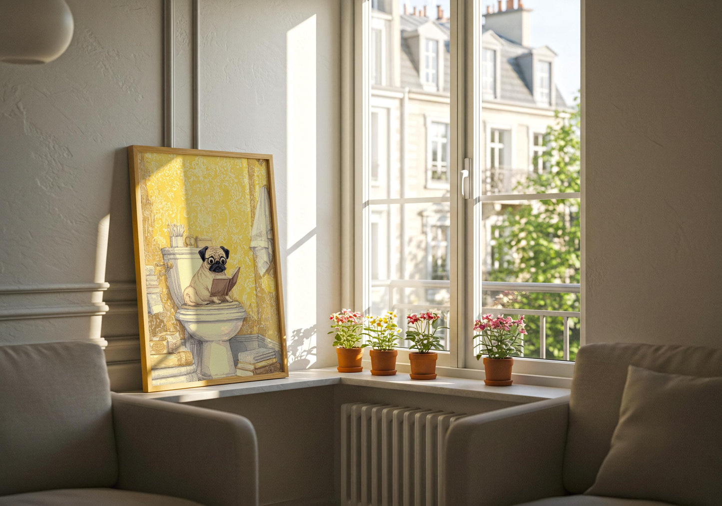 Pug Reading on Toilet Print | Cozy Wall Decor | Cute Gift For Book Lover | Book Nook Poster | Book Art | Aesthetic Room Art | Home Decor - Book Poster Art Print Decor Bookish