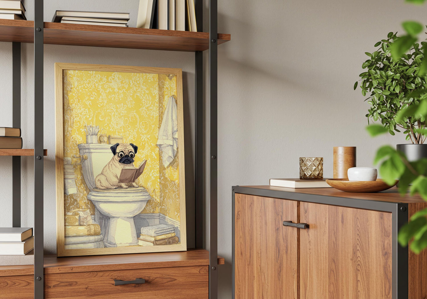 Pug Reading on Toilet Print | Cozy Wall Decor | Cute Gift For Book Lover | Book Nook Poster | Book Art | Aesthetic Room Art | Home Decor - Book Poster Art Print Decor Bookish