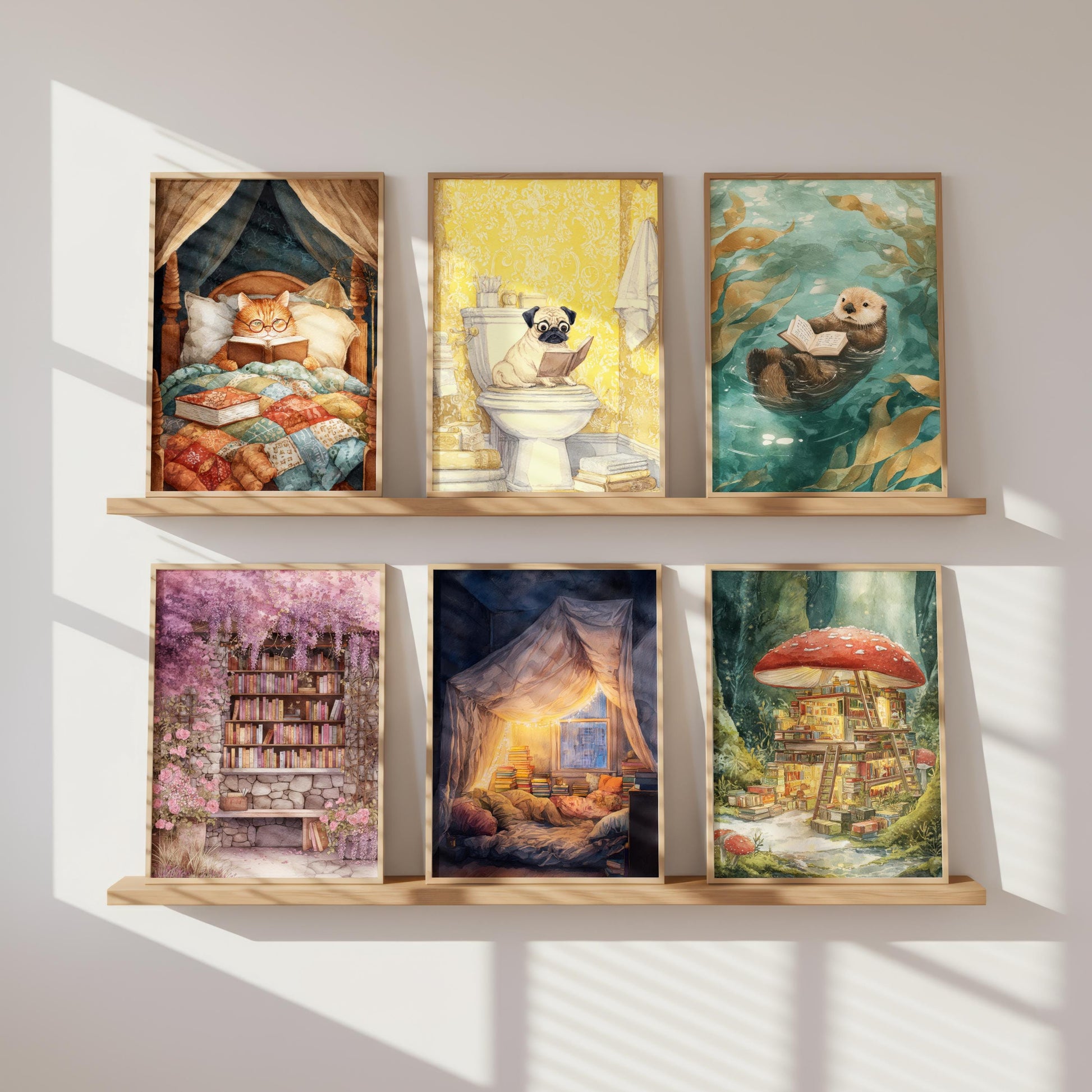 Pug Reading on Toilet Print | Cozy Wall Decor | Cute Gift For Book Lover | Book Nook Poster | Book Art | Aesthetic Room Art | Home Decor - Book Poster Art Print Decor Bookish