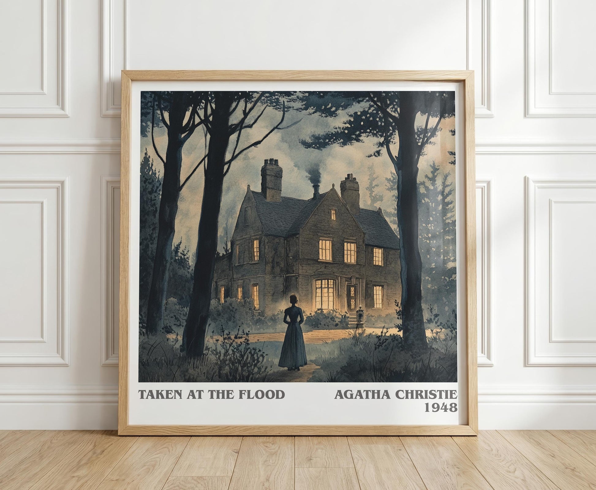 Taken at the Flood literary print in frame leaning in hallway – mystery wall art