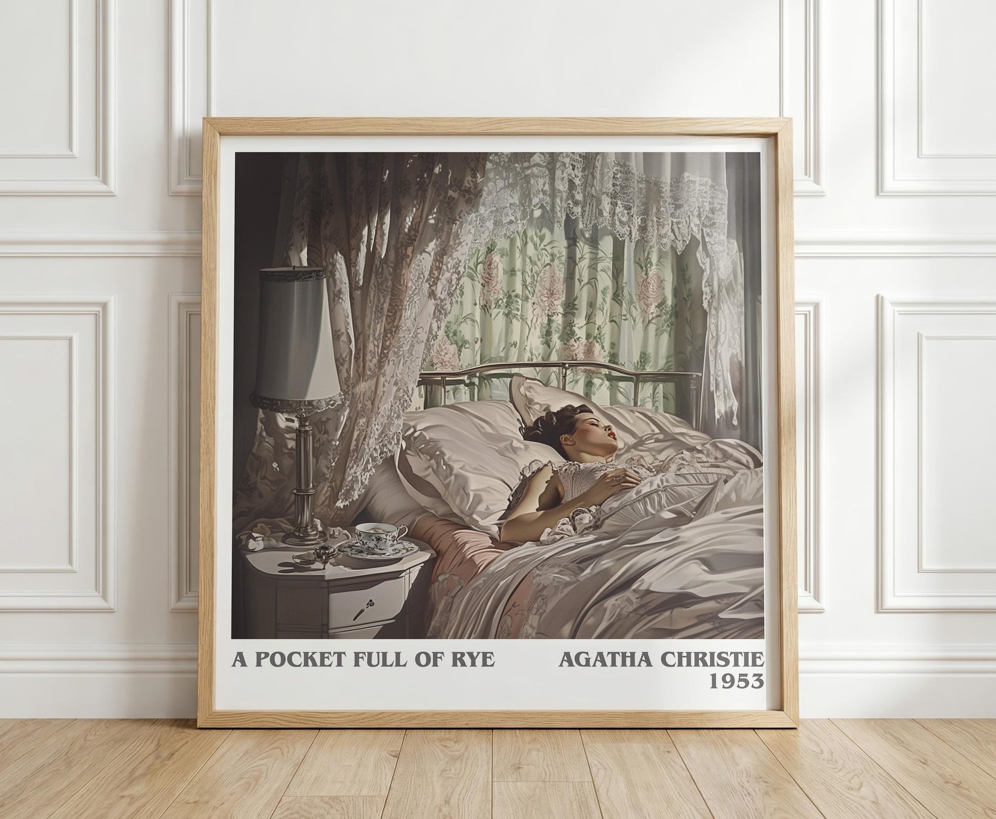 A Pocket Full of Rye literary print in frame leaning in hallway – mystery wall art