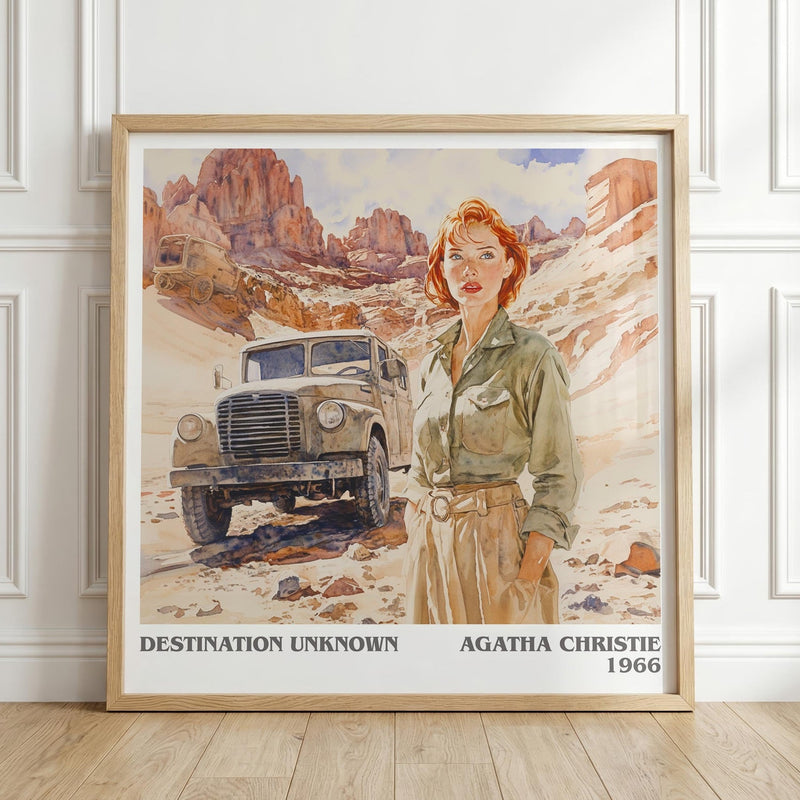 Destination Unknown literary print in frame leaning in hallway – mystery wall art