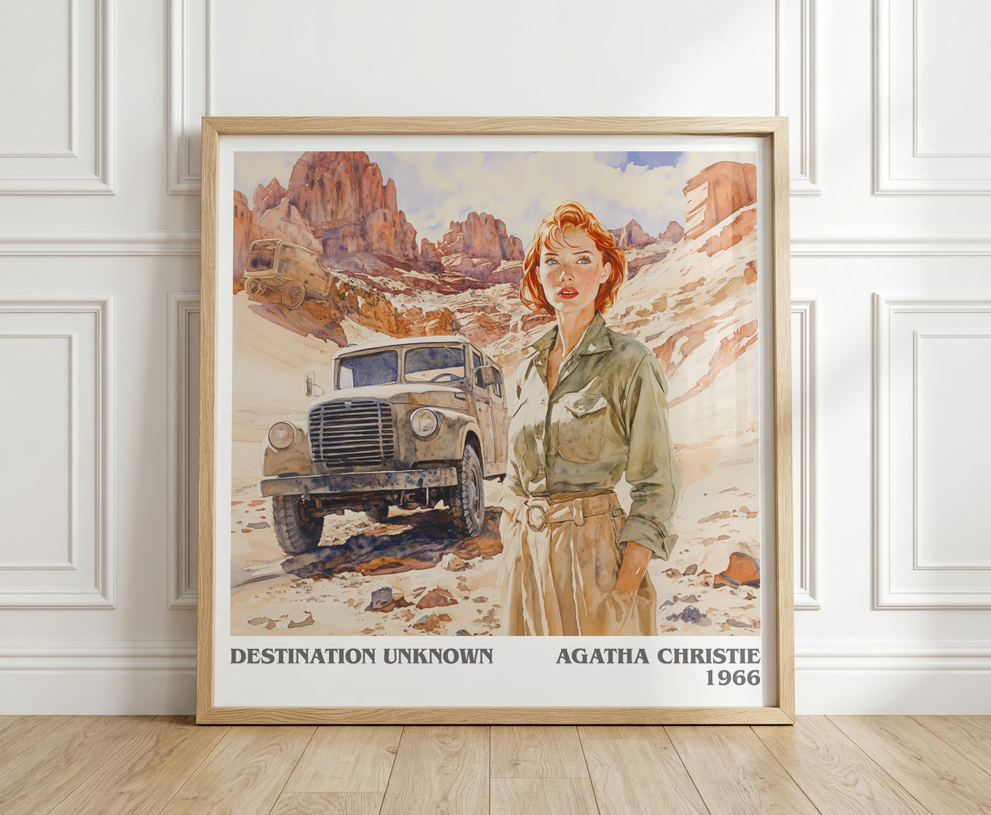 Destination Unknown literary print in frame leaning in hallway – mystery wall art