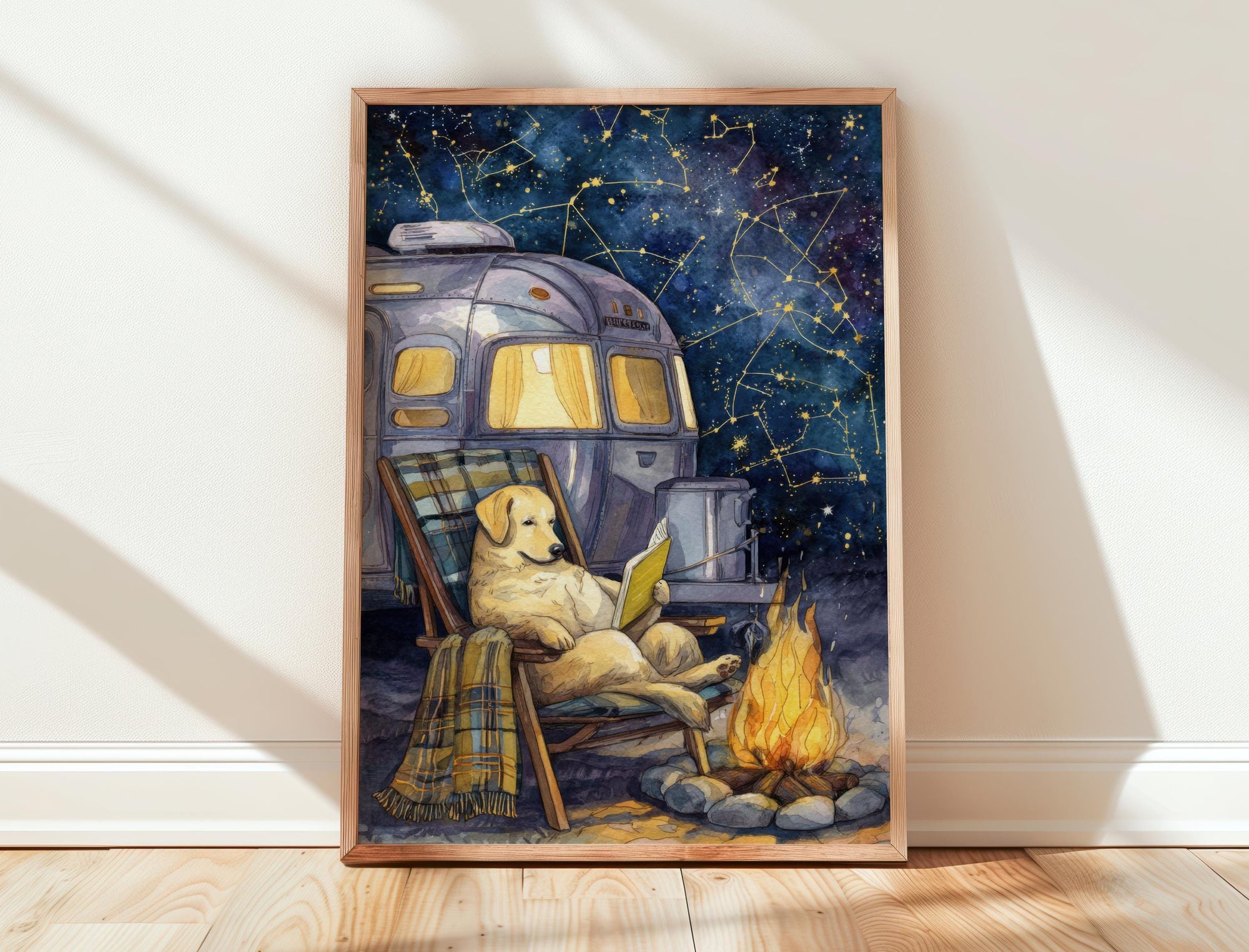 Camping Golden Retriever Print | Cozy Wall Decor | Book Lover Gift | Book Nook Poster | Book Art | Aesthetic Room Art | Reader Home Decor - Book Poster Art Print Decor Bookish