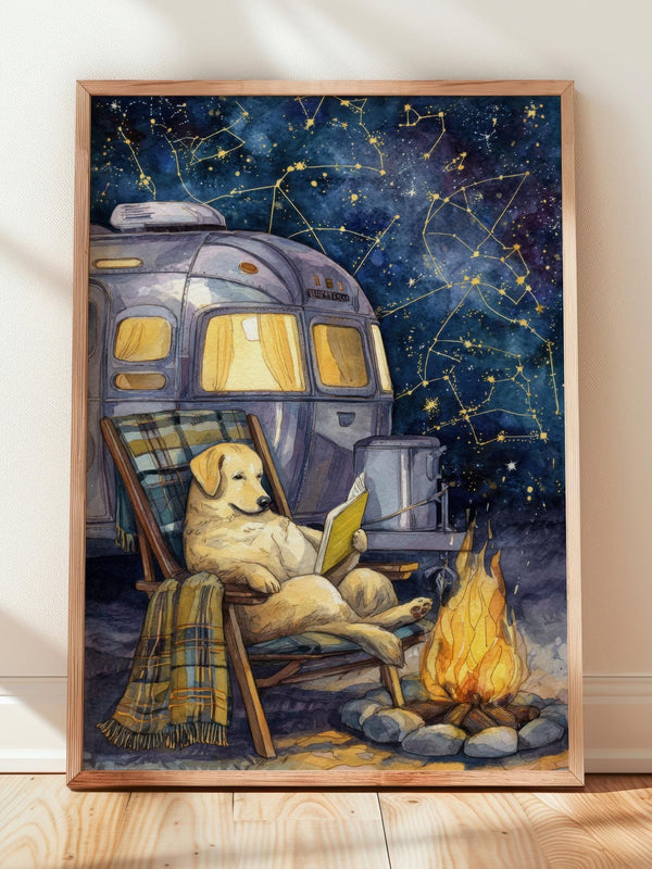 Camping Golden Retriever Print | Cozy Wall Decor | Book Lover Gift | Book Nook Poster | Book Art | Aesthetic Room Art | Reader Home Decor - Book Poster Art Print Decor Bookish