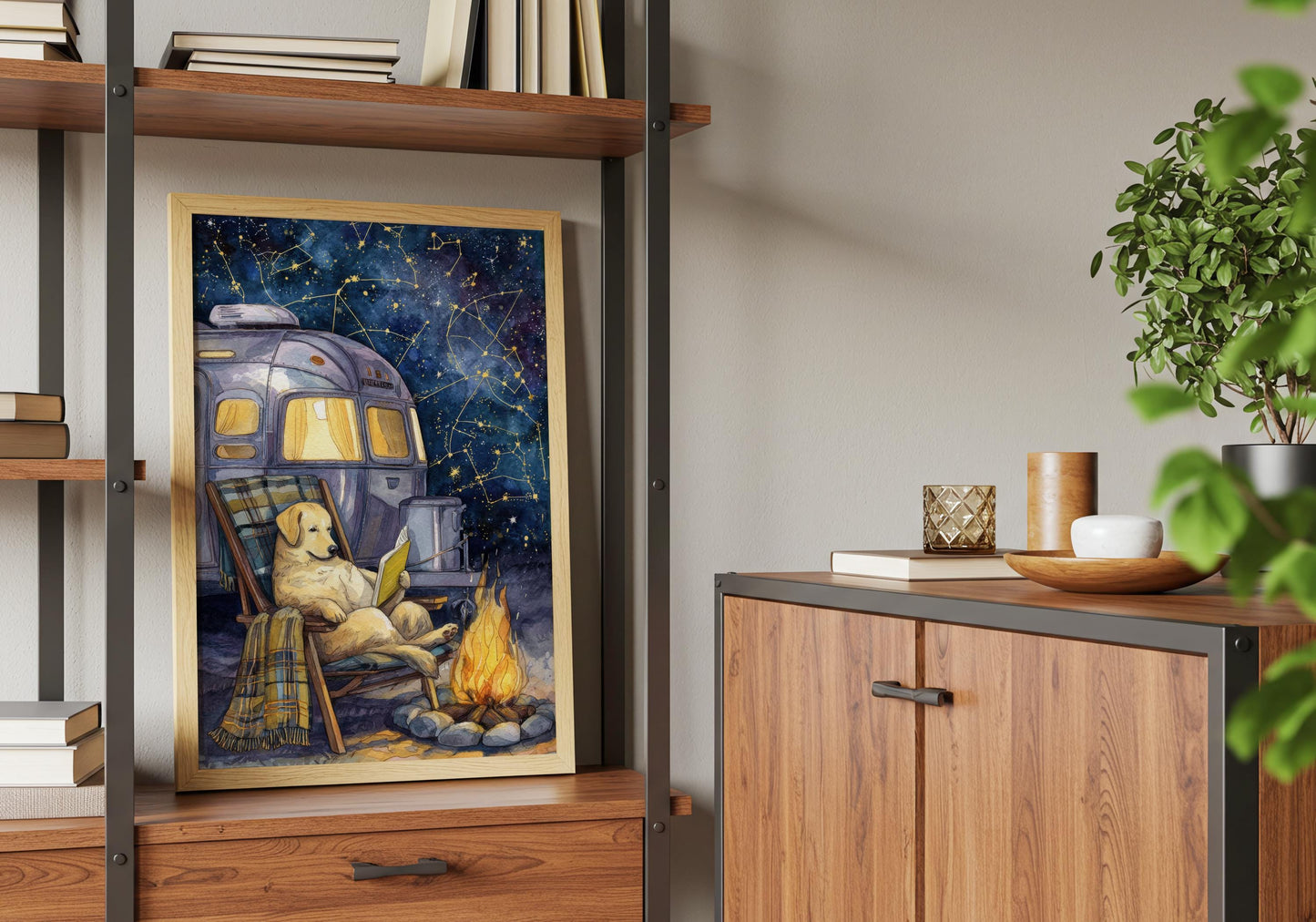 Camping Golden Retriever Print | Cozy Wall Decor | Book Lover Gift | Book Nook Poster | Book Art | Aesthetic Room Art | Reader Home Decor - Book Poster Art Print Decor Bookish