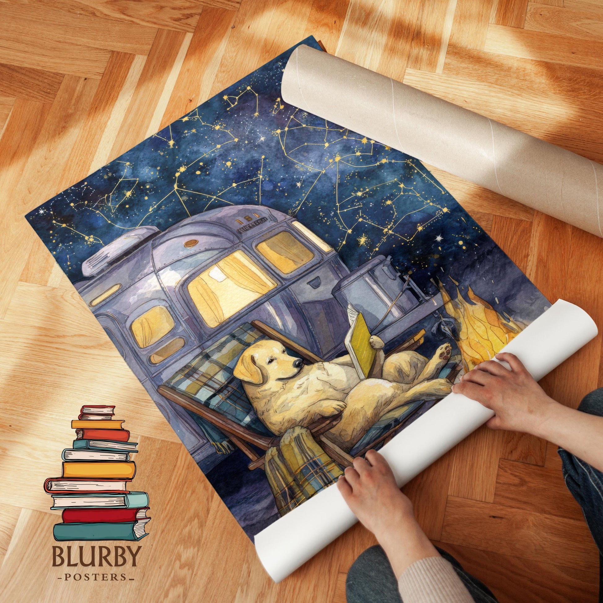 Camping Golden Retriever Print | Cozy Wall Decor | Book Lover Gift | Book Nook Poster | Book Art | Aesthetic Room Art | Reader Home Decor - Book Poster Art Print Decor Bookish