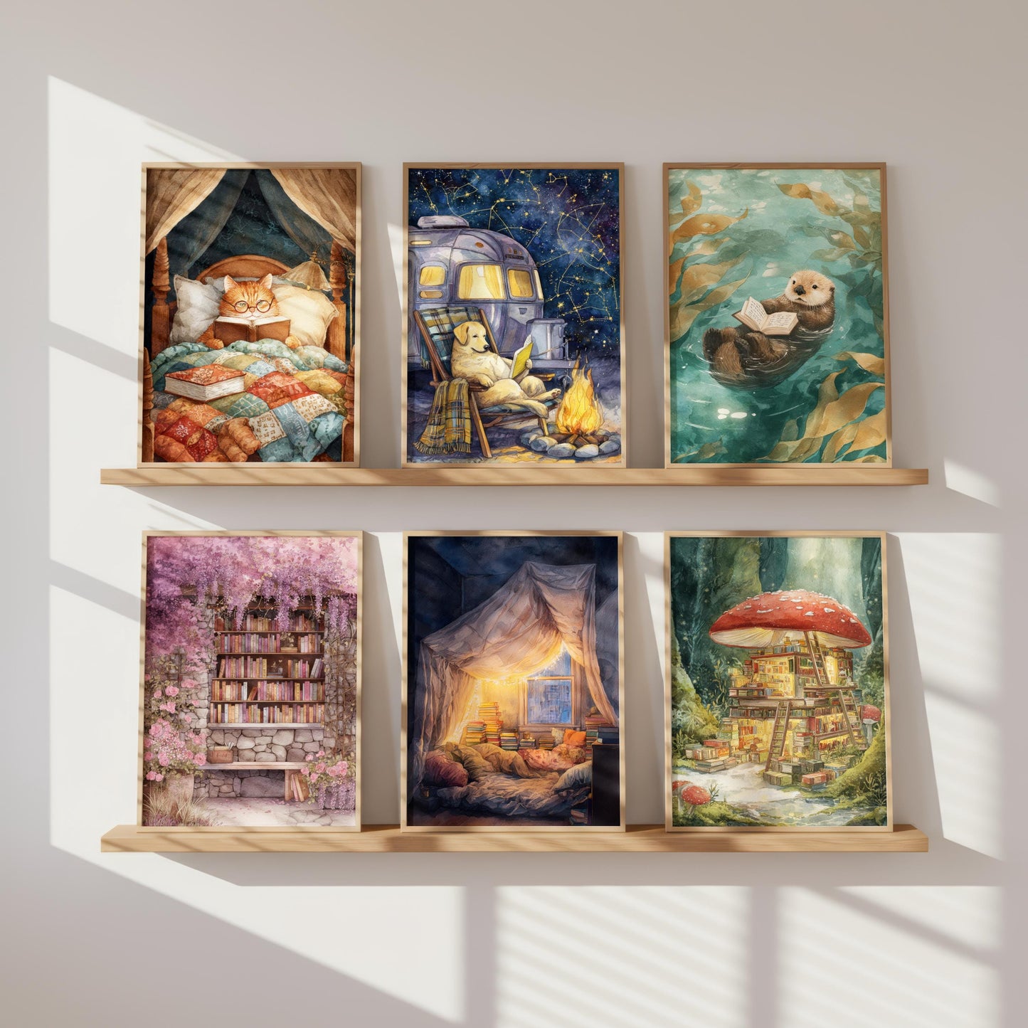 Camping Golden Retriever Print | Cozy Wall Decor | Book Lover Gift | Book Nook Poster | Book Art | Aesthetic Room Art | Reader Home Decor - Book Poster Art Print Decor Bookish