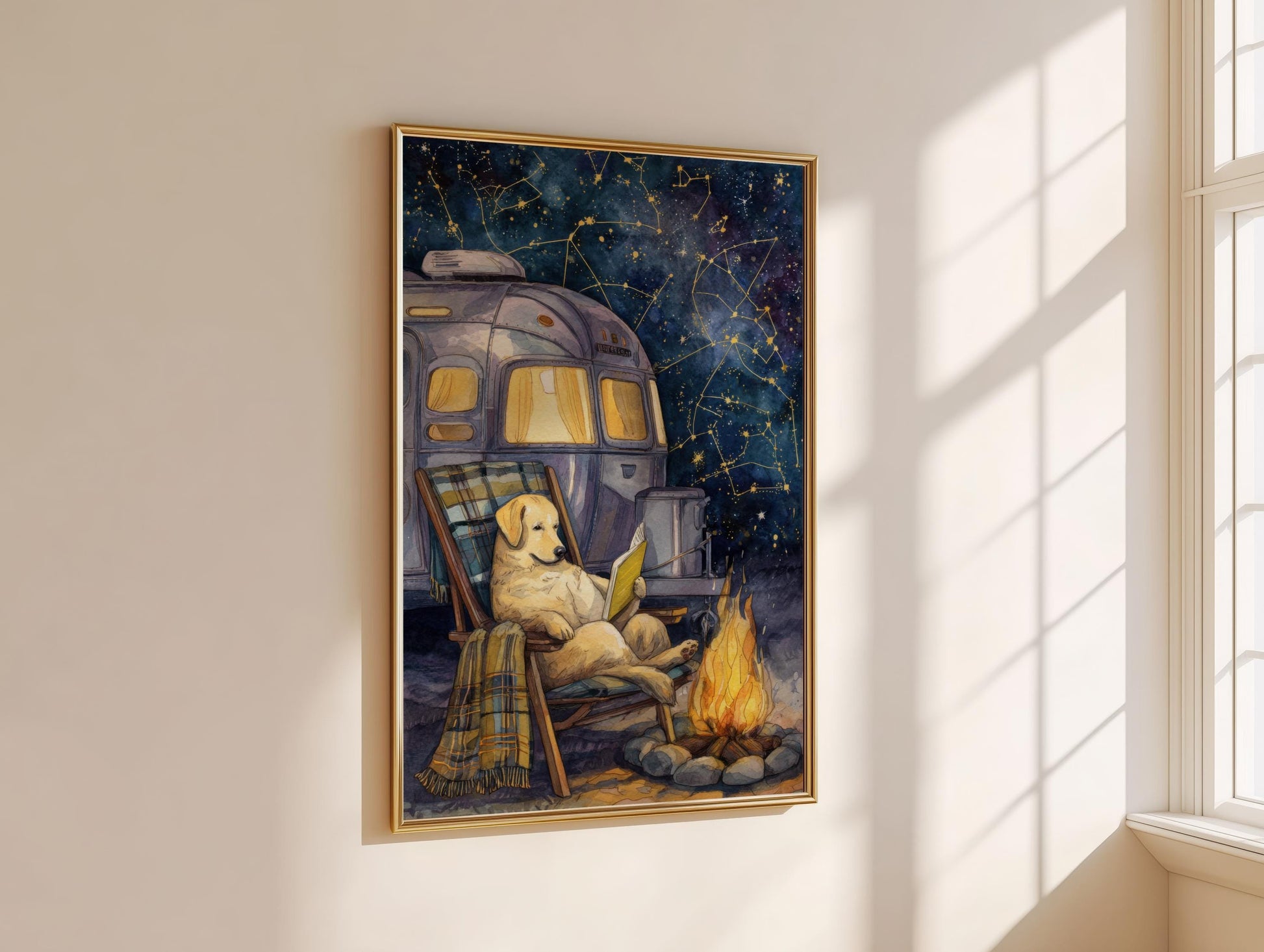 Camping Golden Retriever Print | Cozy Wall Decor | Book Lover Gift | Book Nook Poster | Book Art | Aesthetic Room Art | Reader Home Decor - Book Poster Art Print Decor Bookish
